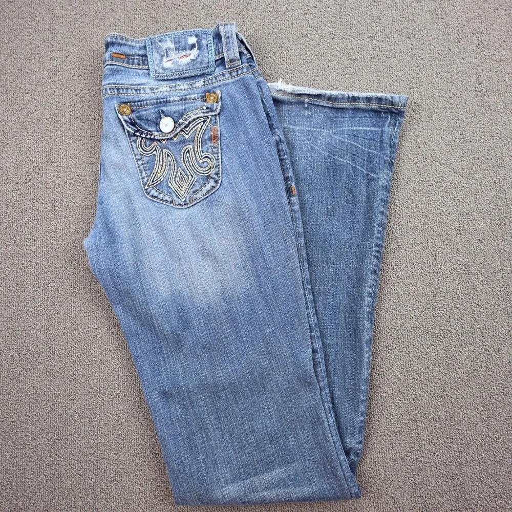 MEK Denim Portland Bootcut Jeans Mens Blue Distressed‎ Embroidered 28x36 (30x35)
